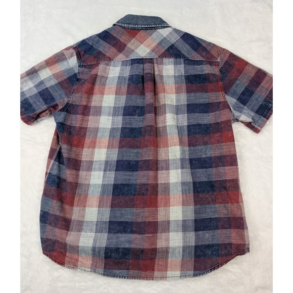 Carbon 2 Cobalt Shirt Men's L Button Up Blue Red Plaid Short Sleeve Denim Collar - Picture 8 of 8